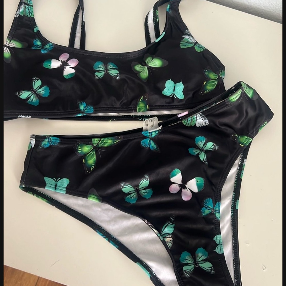 SHEIN Black and Green Butterfly Bikini